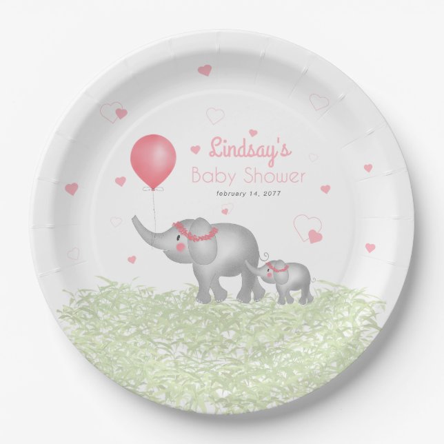 Assiettes En Carton Aquarelle Eléphants & Coeur rose Bébé Douche fille (Devant)