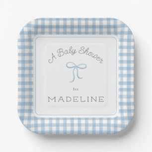 Assiettes En Carton Aquarelle En vichy Baby shower bleu clair