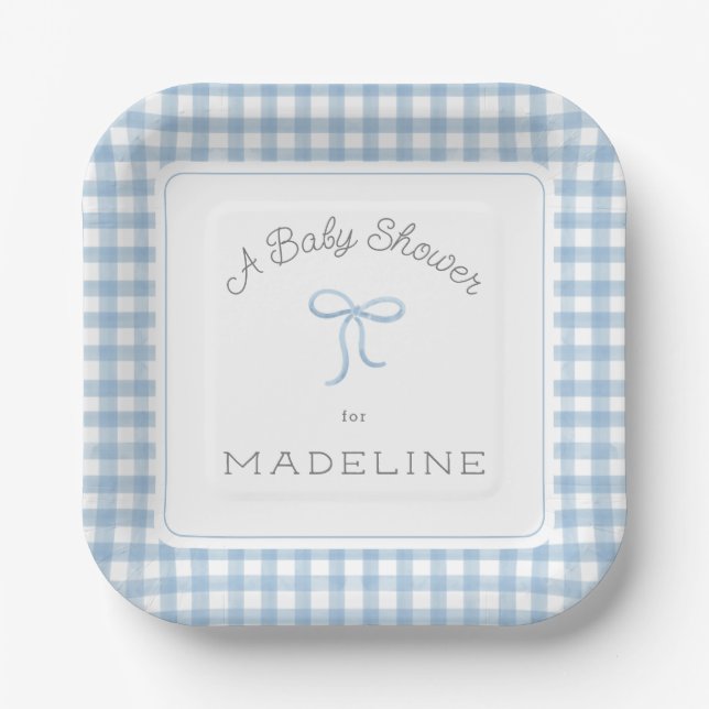Assiettes En Carton Aquarelle En vichy Baby shower bleu clair (Recto)