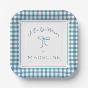 Assiettes En Carton Aquarelle En vichy Baby shower bleu Denim