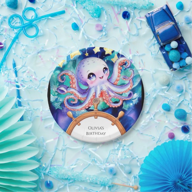 Assiettes En Carton Aquarelle enchantée Octopus Anniversaire (Fête)