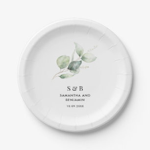 Assiettes En Carton Aquarelle Eucalyptus Réception de mariage botaniqu
