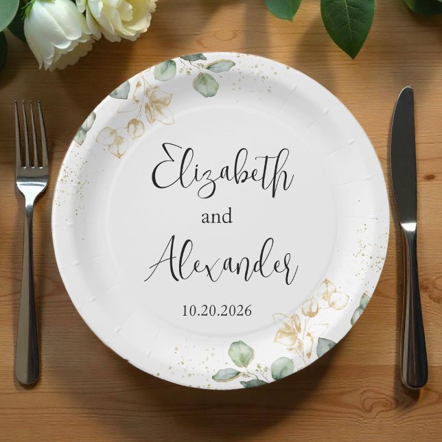 Assiettes En Carton Aquarelle Eucalyptus Vert Mariage Plaque papier (Créateur téléchargé)