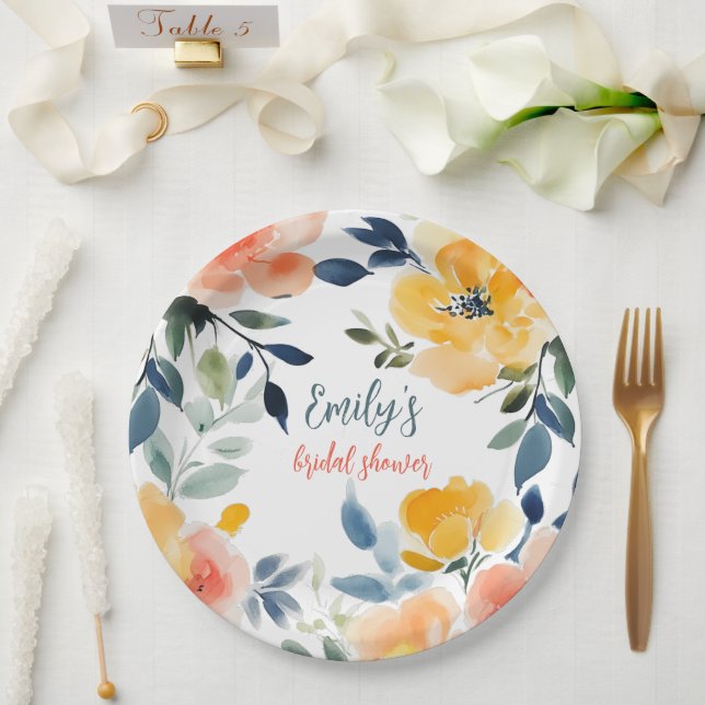 Assiettes En Carton Aquarelle Fête des mariées florale personnalisée (Mariage)