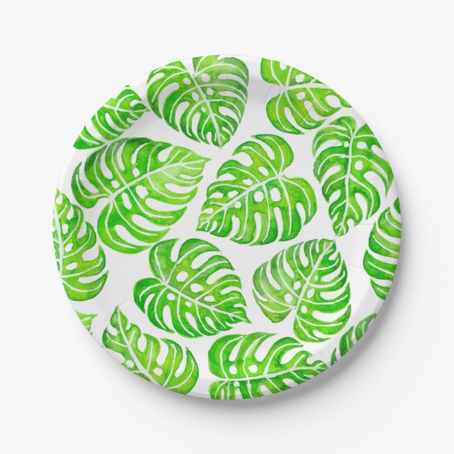 Assiettes En Carton Aquarelle feuille Monstera (Devant)