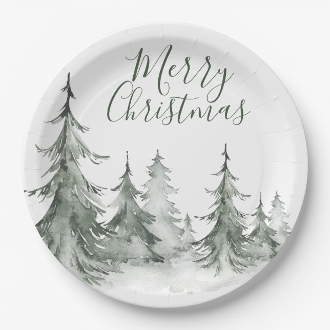 Assiettes En Carton Aquarelle Fir Trees hiver, fête de Noël (Devant)