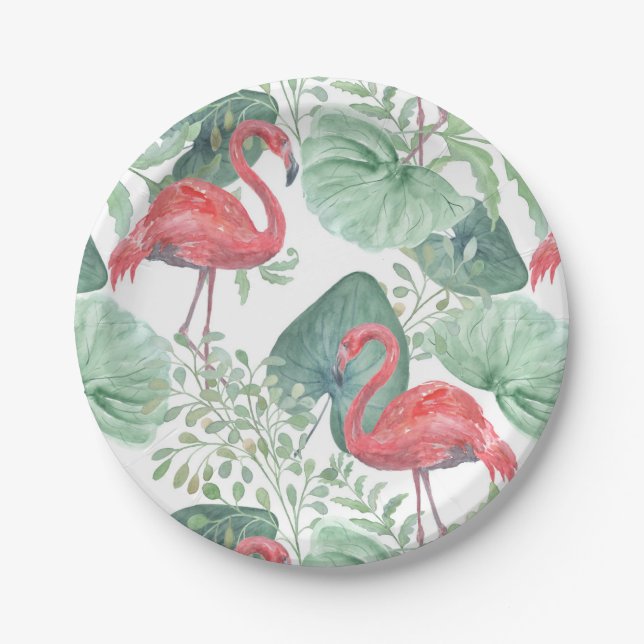 Assiettes En Carton Aquarelle flamants roses et feuilles. (Devant)