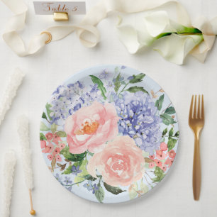 Assiettes En Carton Aquarelle Fleur de Printemps Hydrangea Rose Pivoin