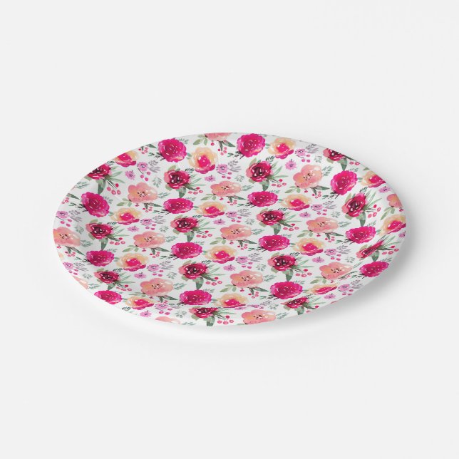 Assiettes En Carton Aquarelle Fleur rose chaud (Angle)