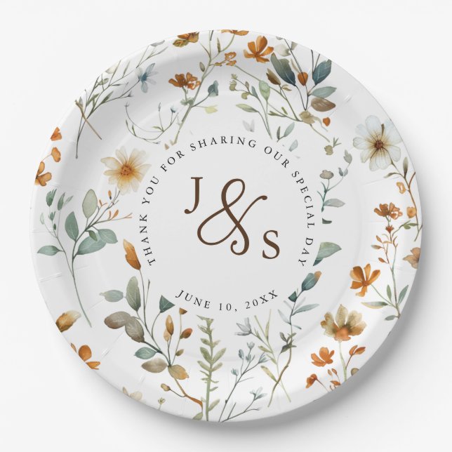 Assiettes En Carton Aquarelle fleur sauvage Boho style fiançailles (Devant)