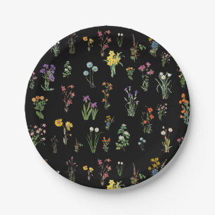 Assiettes En Carton Aquarelle fleur sauvage Floral botanique noir