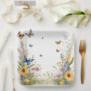 Assiettes En Carton Aquarelle Fleur sauvage Gris Et Papillons,