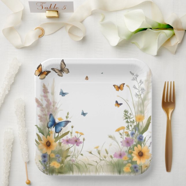 Assiettes En Carton Aquarelle Fleur sauvage Gris Et Papillons, (Mariage)