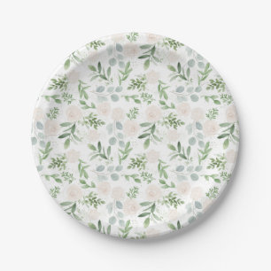 Assiettes En Carton Aquarelle Fleurs blanches et Feuilles verts