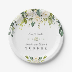 Assiettes En Carton Aquarelle Fleurs blanches Mariage de feuillage ver