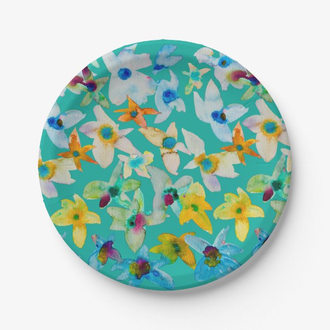 Assiettes En Carton Aquarelle fleurs bleues blanches (Devant)