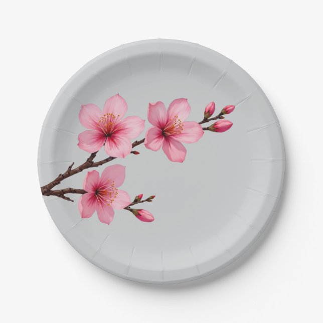 Assiettes En Carton Aquarelle Fleurs de cerisier rose gris (Devant)
