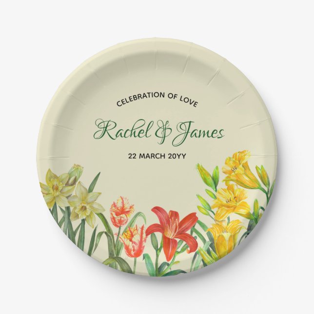 Assiettes En Carton Aquarelle Fleurs de printemps Illustration florale (Devant)