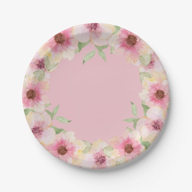 Assiettes En Carton Aquarelle Fleurs rose (Devant)