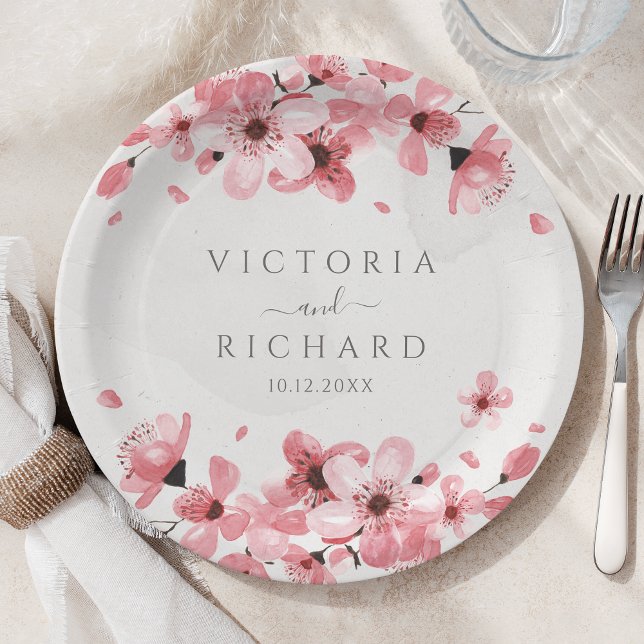 Assiettes En Carton Aquarelle fleurs rose cerisier (Créateur téléchargé)