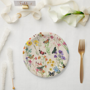 Assiettes En Carton Aquarelle Fleurs sauvages & papillons Jardin Flora