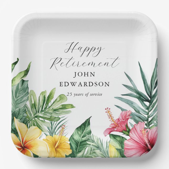 Assiettes En Carton Aquarelle Fleurs tropicales Parti de retraite (Recto)