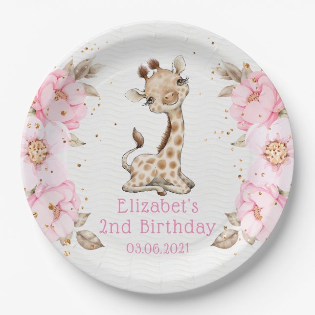 Assiettes En Carton Aquarelle Floral Baby Giraffe Peony Anniversaire (Devant)