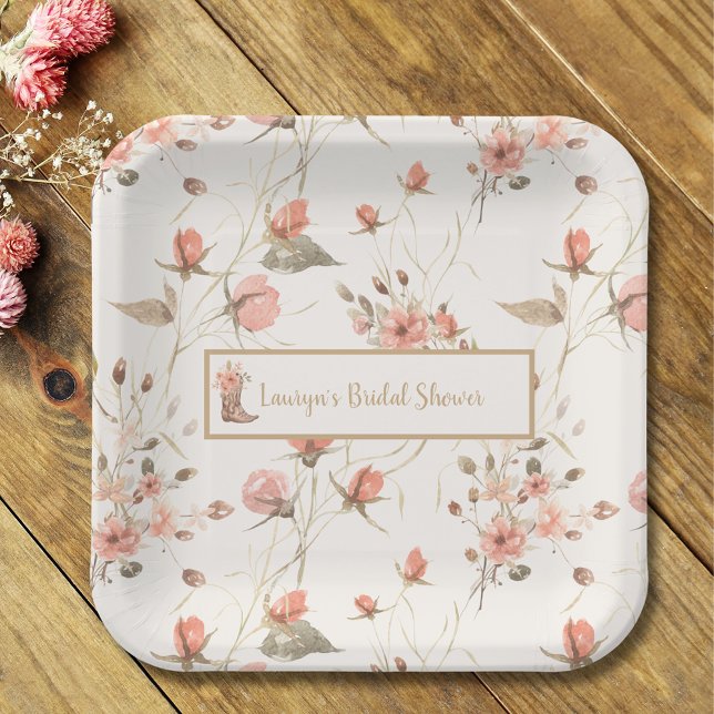 Assiettes En Carton Aquarelle Floral Boots de Cowboy Douche nuptiale (Watercolor Floral Cowboy Boots Bridal Shower Paper Plate)
