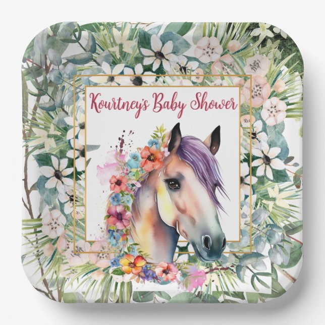 Assiettes En Carton Aquarelle Floral Horse Baby shower (Recto)