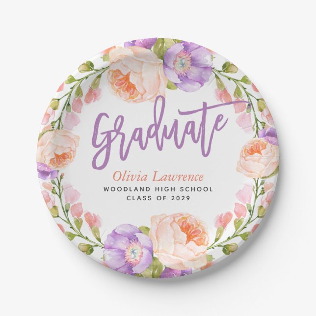 Assiettes En Carton Aquarelle Floral Parti de graduation personnalisée (Devant)