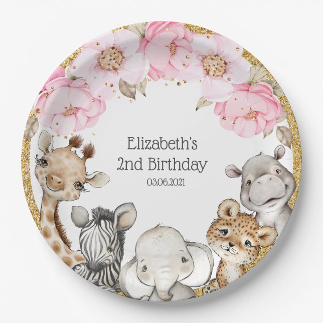 Assiettes En Carton Aquarelle Floral Safari Animaux Peony Anniversaire (Devant)