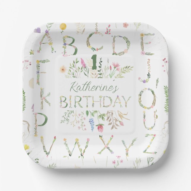 Assiettes En Carton Aquarelle Florale Alphabet Plaque papier d'anniver (Recto)