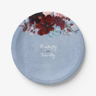 Assiettes En Carton Aquarelle florale bleu et bordeaux