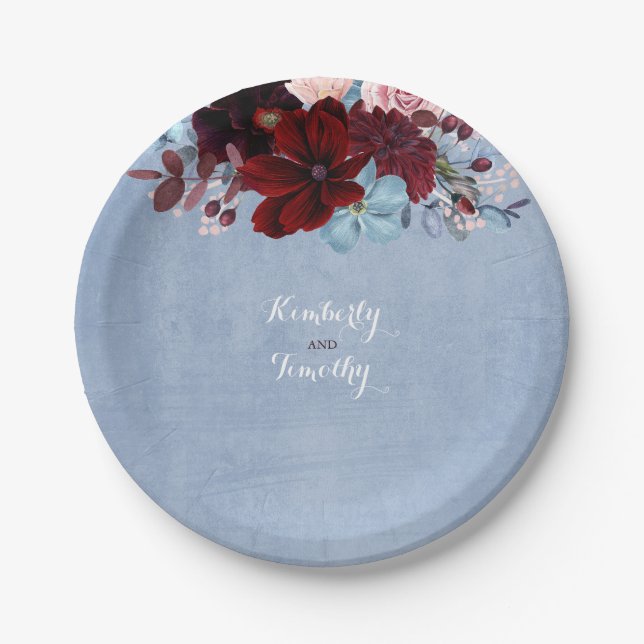 Assiettes En Carton Aquarelle florale bleu et bordeaux (Devant)