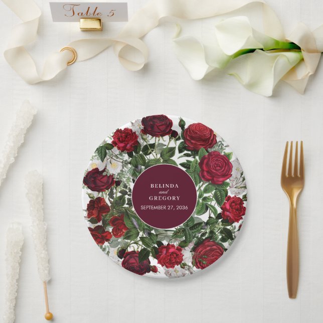 Assiettes En Carton Aquarelle florale bourguignonne moderne Mariage él (Mariage)