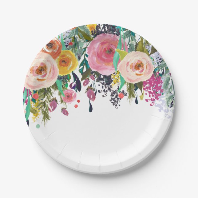 Assiettes En Carton Aquarelle florale du jardin romantique (Devant)