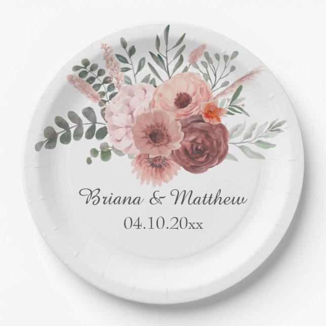 Assiettes En Carton Aquarelle Florale Mariage beige clair (Devant)