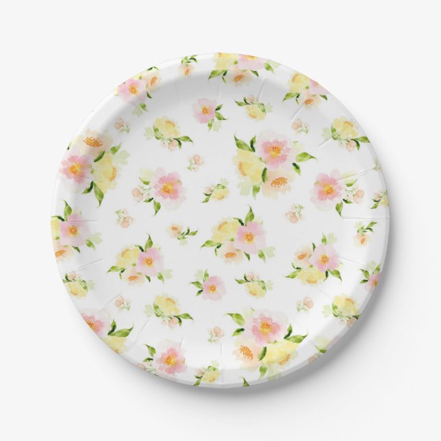 Assiettes En Carton Aquarelle florale rose et jaune de pivoine (Devant)