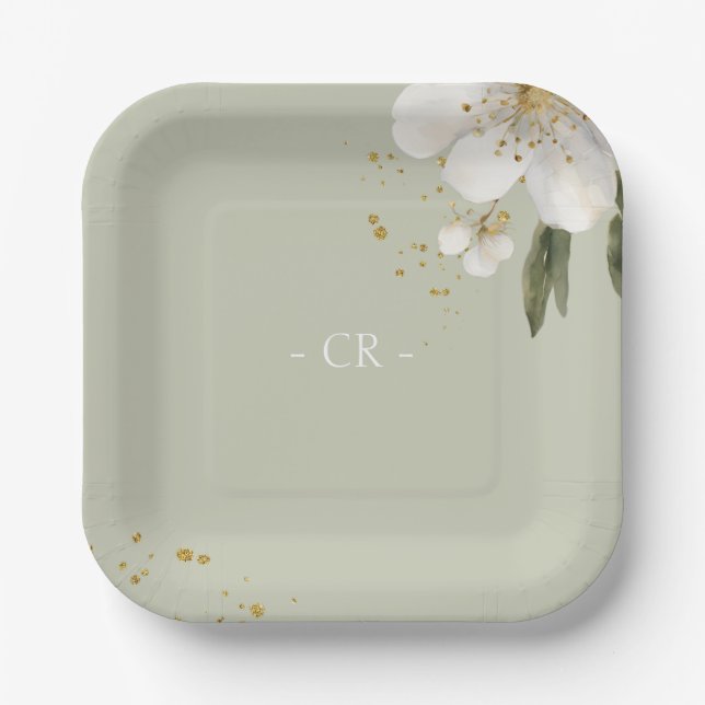 Assiettes En Carton Aquarelle florale vert Sage Initiales Mariage (Recto)
