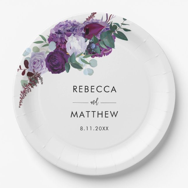 Assiettes En Carton Aquarelle Florale violet Script Mariage Réception (Devant)