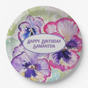 Assiettes En Carton Aquarelle florale violette Pansy rose