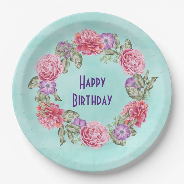 Assiettes En Carton Aquarelle Florale Wreath Joli Anniversaire (Devant)