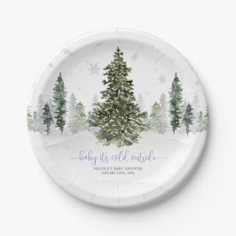 Assiettes En Carton Aquarelle Forêt d'hiver Baby shower pourpre