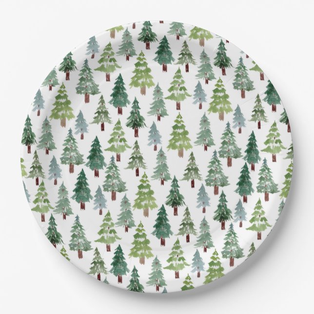 Assiettes En Carton  Aquarelle Forêt d'hiver de pins rustiques  (Devant)