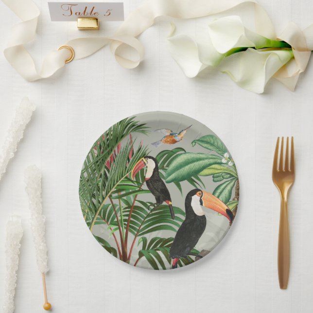 Assiettes En Carton Aquarelle Forêt tropicale et oiseaux colorés (Mariage)