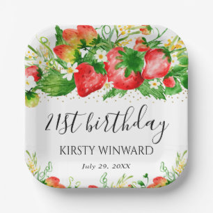 Assiettes En Carton Aquarelle Fraises et Fleurs Anniversaire