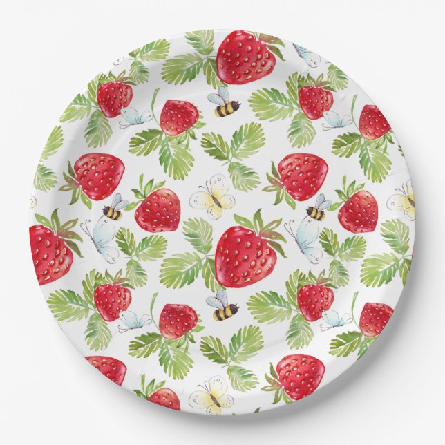 Assiettes En Carton Aquarelle Fruit fraise, abeilles et papillons (Devant)