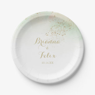 Assiettes En Carton Aquarelle Gold Confetti Mariage Gâteau