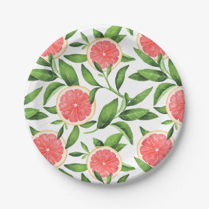 Assiettes En Carton Aquarelle Grapefruits et Motif de verdure