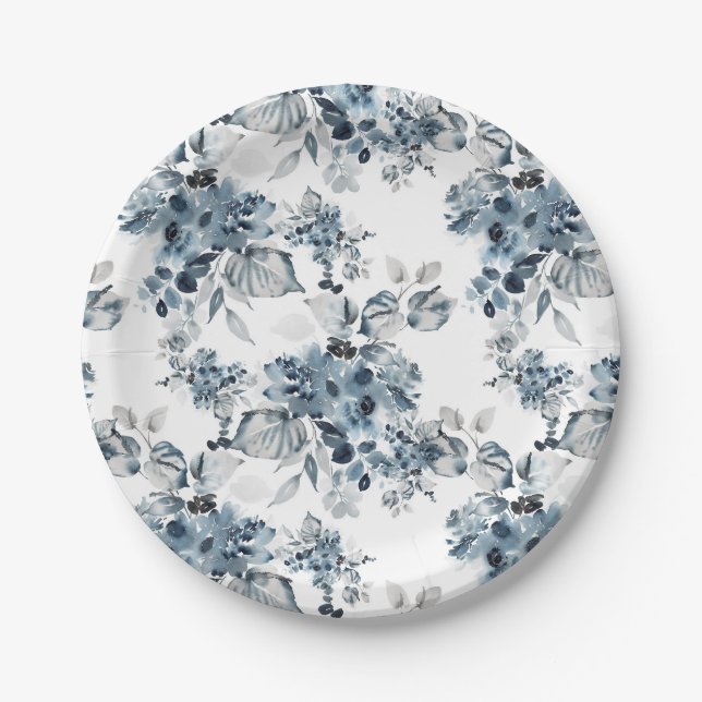 Assiettes En Carton Aquarelle Gris et Bleu Floral Modèle vacances (Devant)